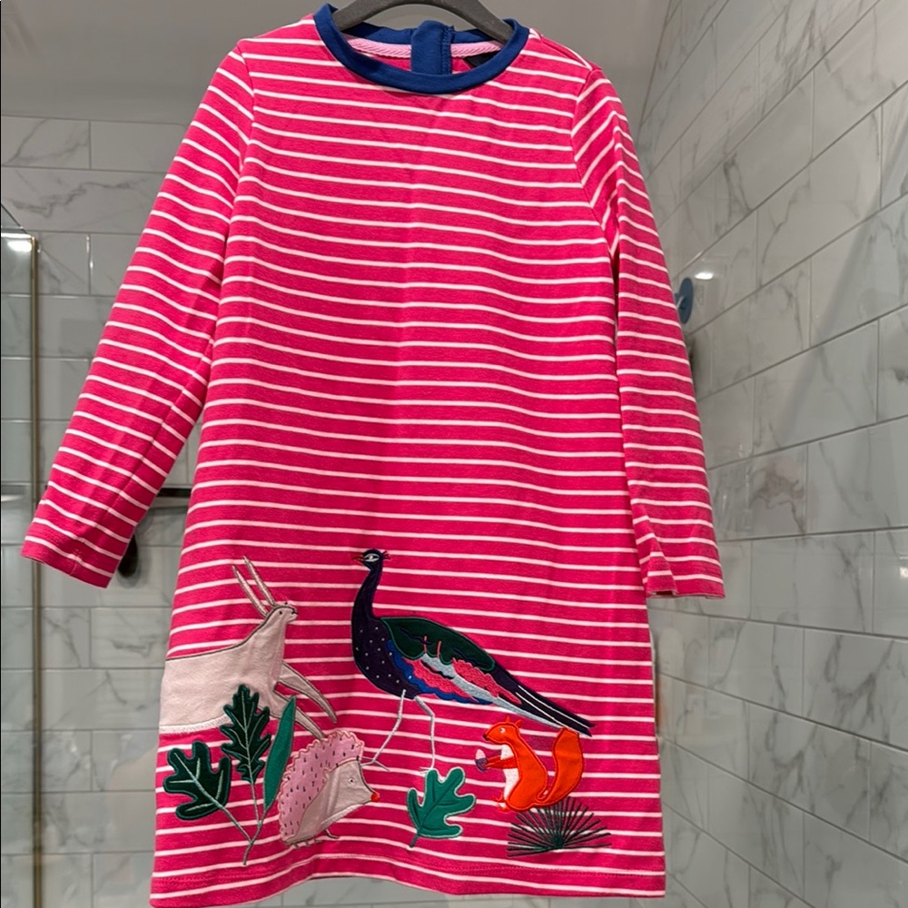 Joules Pink Striped Dress with Peacock and Animal Appliqué